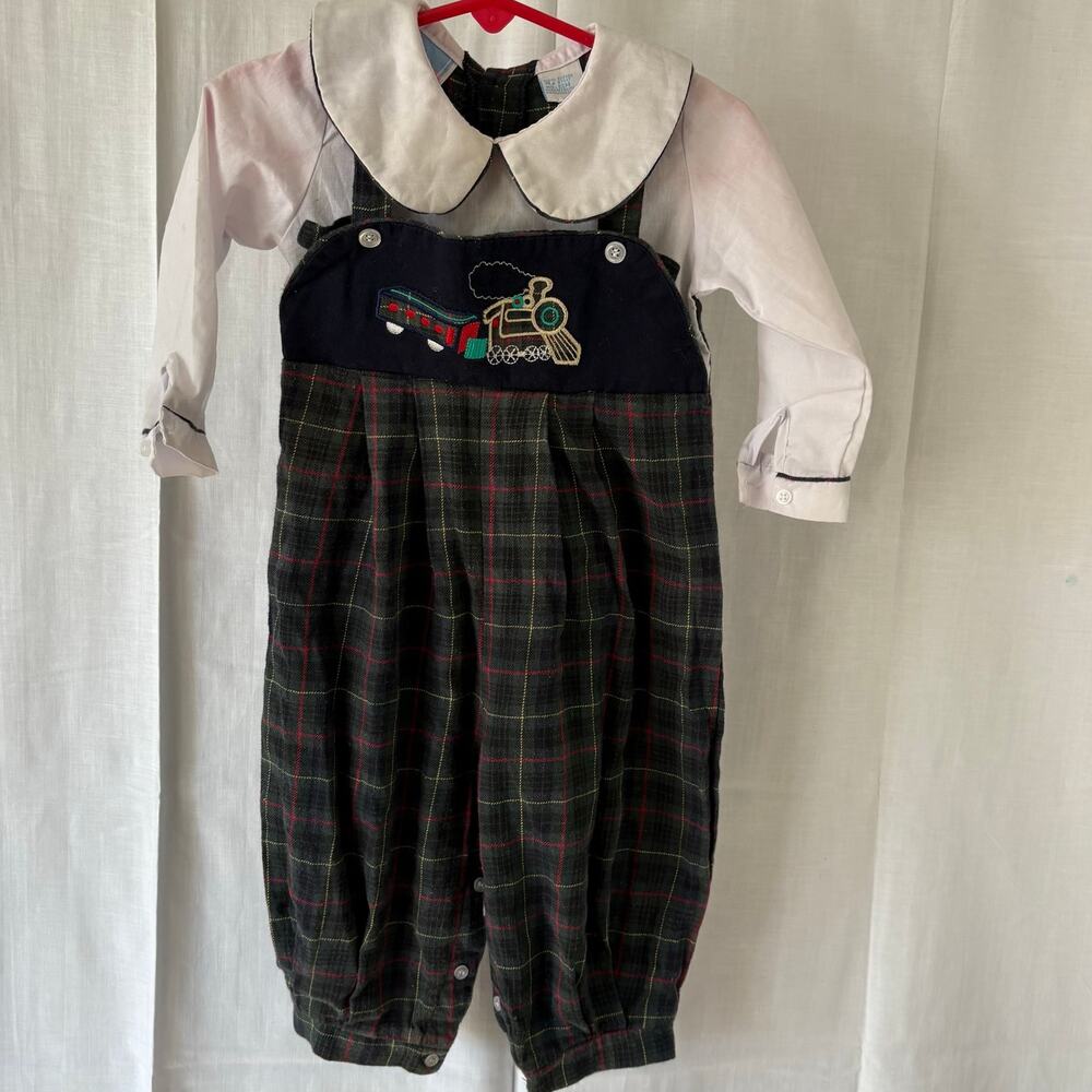 Vintage Fine & Dandy Baby Girl Embroidered Train Bubble Romper 12 Months Plaid